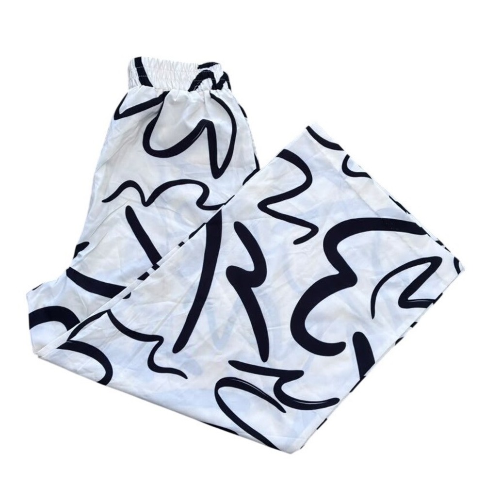Emery Rose Womens Abstract Scribble Print Wide Leg Pants White Black Medium